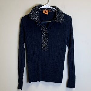 Tory Burch Navy Sweater with Textured Collar